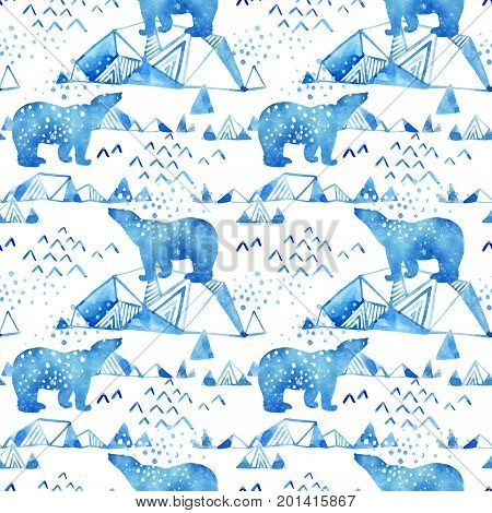Abstract watercolor arctic winter background. Stylized north seamless pattern: polar bear ice mountains falling snow with paper texture. Hand painted watercolour illustration in minimal style