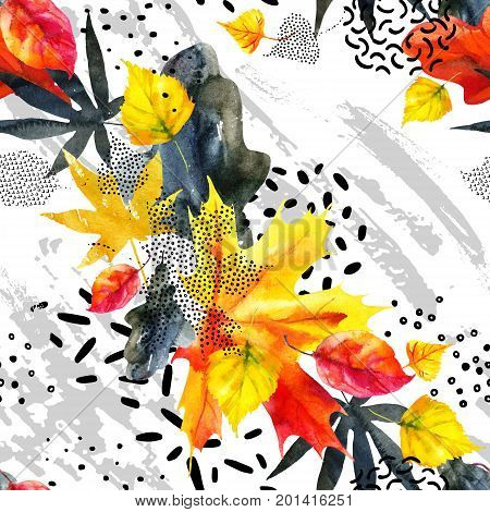 Abstract fall seamless pattern in bright autumn colors. Watercolor painting of falling leaves ink doodle grunge textures. Floral background for fall design. Hand drawn illustration