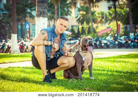 Happy friends man and dog american pit bull terrier sitting on grass in park. Caucasian male with strong dog