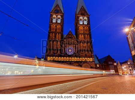 Old medieval market square in the historic part of the city. Bremen Cathedral. Bremen. Germany. Bavaria.