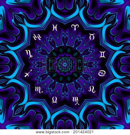 Magic circle with zodiacs sign on abstract mystic background.