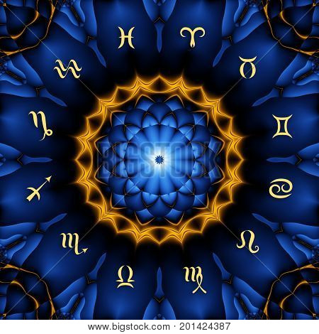 Magic circle with zodiacs sign on abstract mystic background.