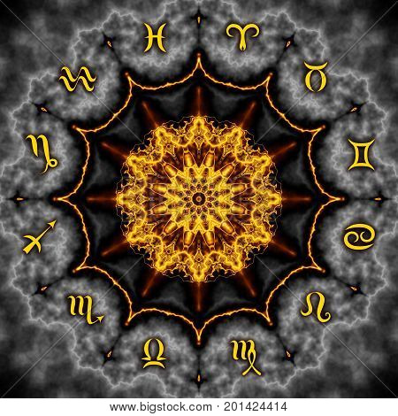 Magic circle with zodiacs sign on abstract mystic background.