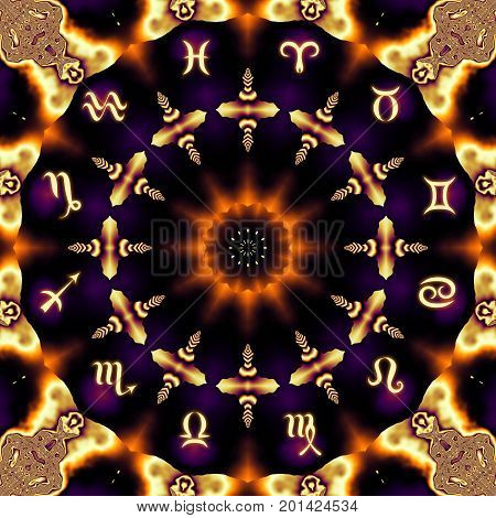 Magic circle with zodiacs sign on abstract mystic background.