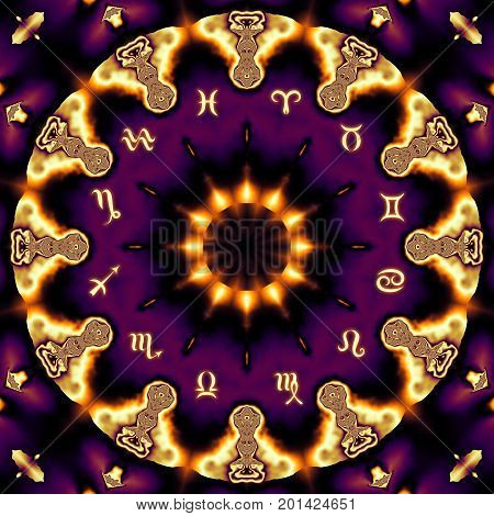 Magic circle with zodiacs sign on abstract mystic background.