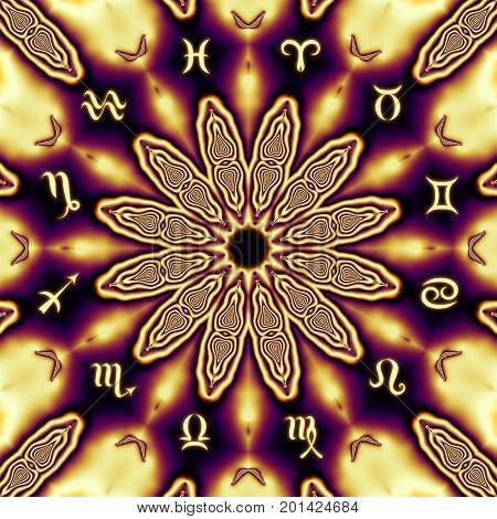 Magic circle with zodiacs sign on abstract mystic background.
