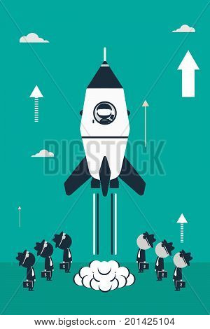 Rocket launch concept. Flat design illustration with rocket stick astronaut figures and business investors.