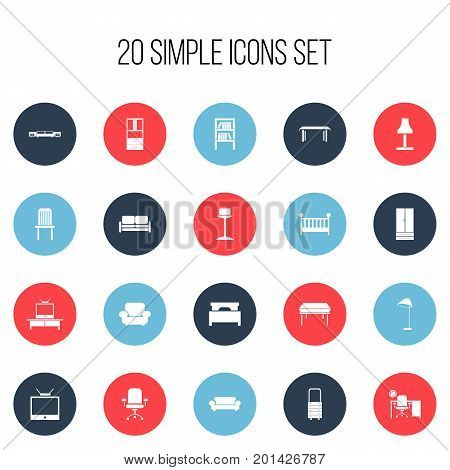 Set Of 20 Editable Furniture Icons. Includes Symbols Such As Enlightenment, Bed, Trestle And More