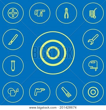 Set Of 12 Editable Tools Outline Icons. Includes Symbols Such As Watering Can, Electric Screwdriver, Spacer And More