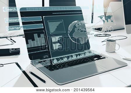 Close up of laptop with digital business chart projection placed on white office desktop with coffee cup supplies and other items. Future and innovation concept. 3D Rendering