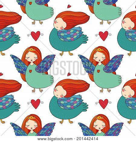 Pattern with girl Sirin. Mythological bird. Russian folklore. Vector illustration
