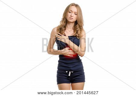 Young woman with abdominal pain isolated on white background isolation