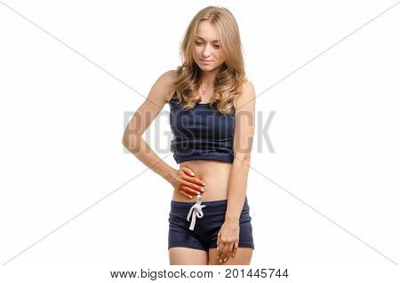 Young woman with abdominal pain isolated on white background isolation