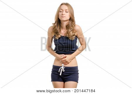 Young woman with abdominal pain isolated on white background isolation