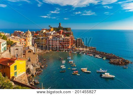Aerial panoramic view of Vernazza fishing village in the evening, Five lands, Cinque Terre National Park, Liguria, Italy.