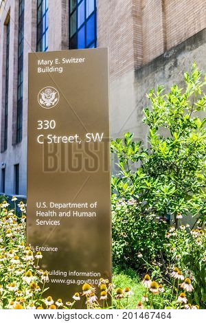Washington Dc, Usa - July 3, 2017: Sign For Department Of Health And Human Services In Downtown
