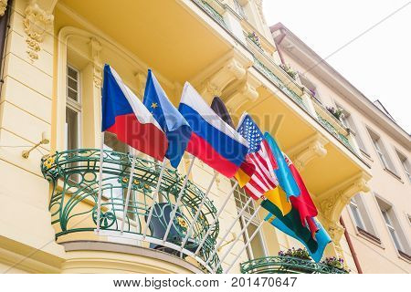 Flags of the World in front of a Buiding.