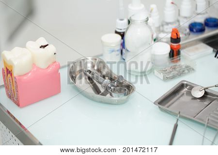 Dental tools on the table at dental office
