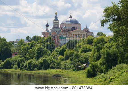 View of the Cathedral of Boris and Gleb on a sunny July day. Boris and Gleb man's monastery. Torzhok, Russia
