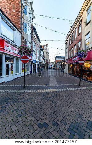 Northampton, UK - Aug 10, 2017: Clear Sky morning view of Fish Street in Northampton Town Centre.