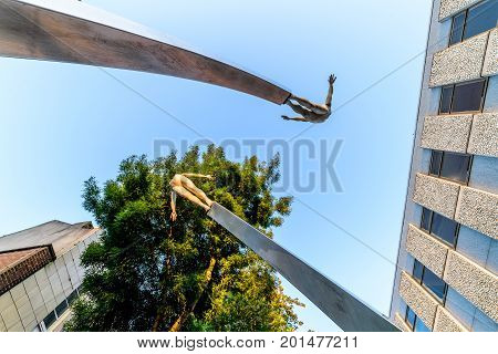 Northampton, UK - Aug 10, 2017: Clear Sky morning view of DNA Memorial at Abington Street in Northampton Town Centre.