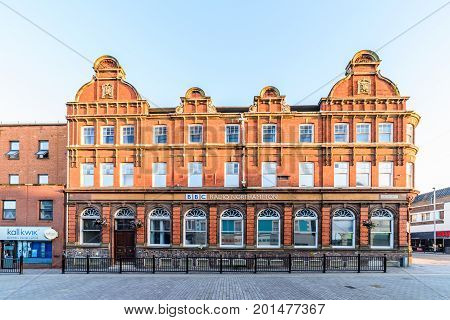 Northampton, UK - Aug 10, 2017: Clear Sky morning view of BBC Radio building at Abington Street in Northampton Town Centre.