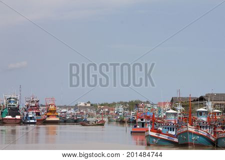 Rayong Thailand,August 14,2017 : Fishing boat at Pak Nam Rayong River Rayong Thailand.