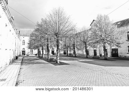 Patio of the Belgian house with park. The old pavement in St Hubert Belgium. Black and White Picture