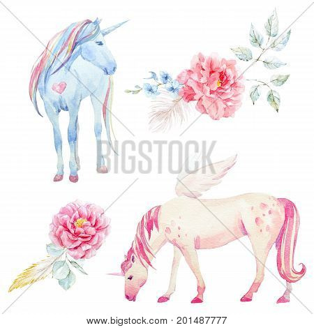 Beautiful set with hand drawn watercolor unicorn pegasus and flowers