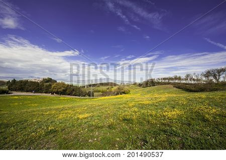 Village Trevinano located upon a hill near the borders of Lazio with the Tuscany and Umbria. Italian landscape with forests and meadow early in the morning. Agriculture in Italy fields and pastures.
