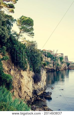 Stari Grad - old town of Ulcinj Montenegro. Green coast of Adriatic sea.