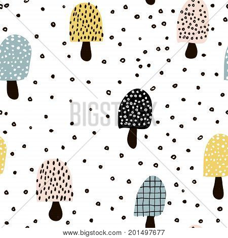 Seamless pattern with abstract mashrooms and hand drawn elements.Perfect for fabrictextile.Vector background