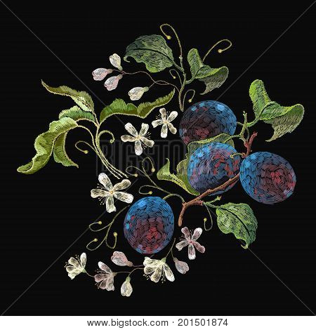 Embroidery plum branch template fashionable clothes t-shirt design. Classical embroidery blossoming plum on black background