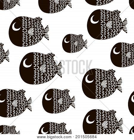 Seamless pattern with cartoon fishes. Scandinavian Childish texture for fabric textile. Vector background