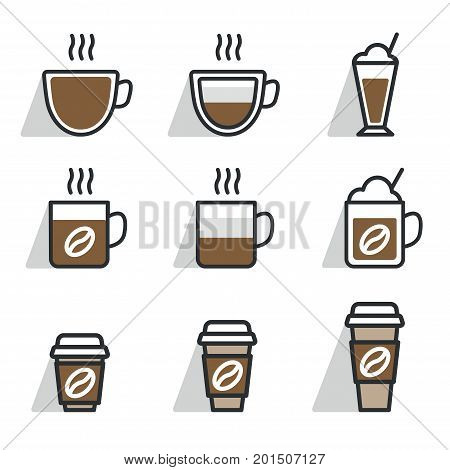 Coffee different cups. Vector icon set. Flat design color.