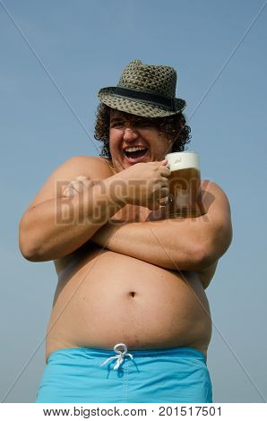 Party. Drunk man with a beer. Funny fat guy.