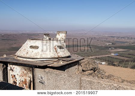 The destroyed battle tower that has remained since the War of the Doomsday (Yom Kippur War) on Mount Bental on the Golan Heights in Israel turned towards the 