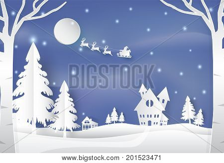 Winter holiday santa and deer with snow nature background. Christmas season paper art style illustration.