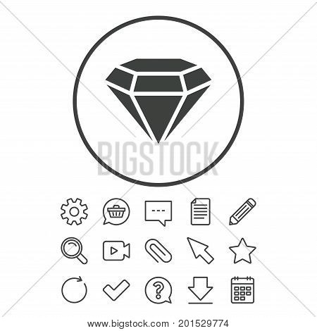 Diamond sign icon. Jewelry symbol. Gem stone. Document, Chat and Paper clip line signs. Question, Pencil and Calendar line icons. Star, Download and Shopping cart. Vector