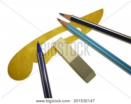 Pen pencil scribe eraser isolated on white background