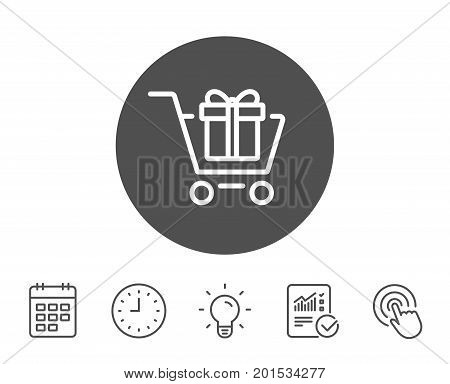Shopping cart with Gift box line icon. Present or Sale sign. Birthday Shopping symbol. Package in Gift Wrap. Report, Clock and Calendar line signs. Light bulb and Click icons. Editable stroke. Vector
