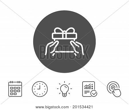 Give a Gift box line icon. Present or Sale sign. Birthday Shopping symbol. Package in Gift Wrap. Report, Clock and Calendar line signs. Light bulb and Click icons. Editable stroke. Vector