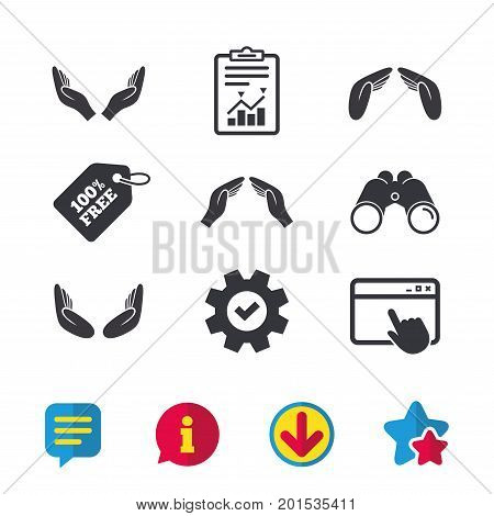 Hands icons. Insurance protection signs. Human helping donation hands. Prayer meditation hands sybmols. Browser window, Report and Service signs. Binoculars, Information and Download icons. Vector