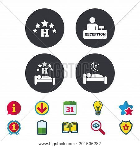 Five stars hotel icons. Travel rest place symbols. Human sleep in bed sign. Hotel check-in registration or reception. Calendar, Information and Download signs. Stars, Award and Book icons. Vector