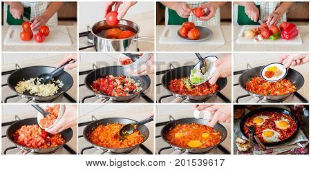 A Step By Step Collage Of Making Shakshouka