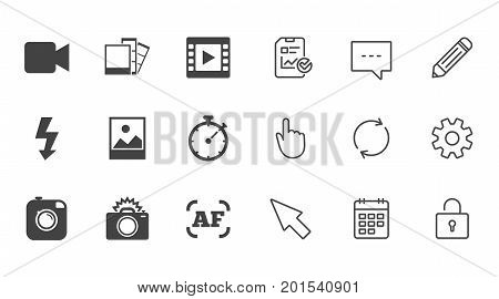 Photo, video icons. Camera, photos and frame signs. Flash, timer and landscape symbols. Chat, Report and Calendar line signs. Service, Pencil and Locker icons. Click, Rotation and Cursor. Vector