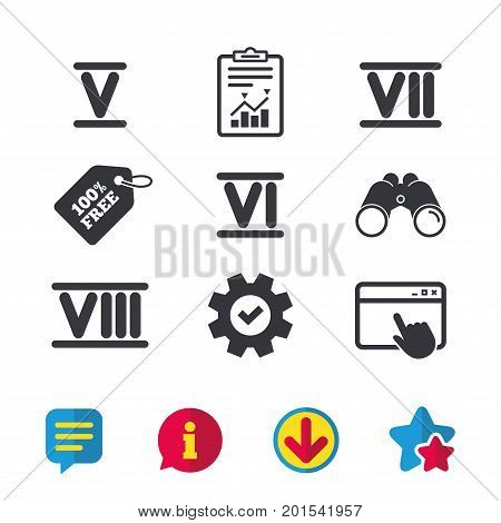 Roman numeral icons. 5, 6, 7 and 8 digit characters. Ancient Rome numeric system. Browser window, Report and Service signs. Binoculars, Information and Download icons. Stars and Chat. Vector