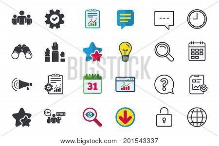 Strike group of people icon. Megaphone loudspeaker sign. Election or voting symbol. Hands raised up. Chat, Report and Calendar signs. Stars, Statistics and Download icons. Question, Clock and Globe