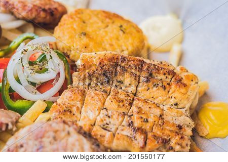 Big Set Greek Food Meat Plate With Potatoes And Sauce