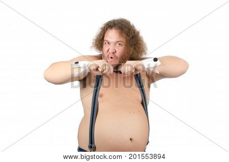 Funny fat stripper shirtless. Cheerful stripper with a big belly dancing.